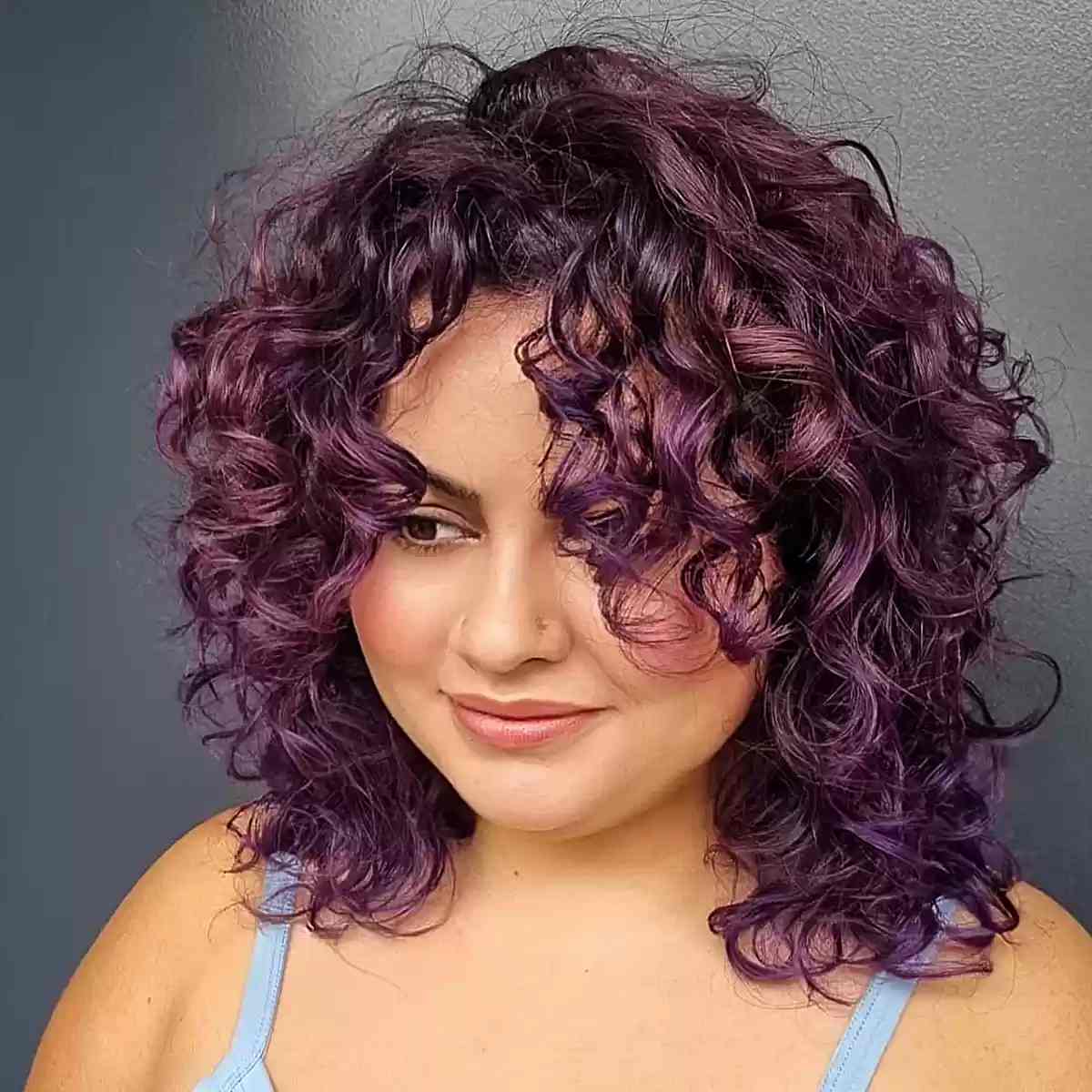 Shoulder Length Purple Highlights With Curtain Bangs — Purple Hair Dye Inspiration