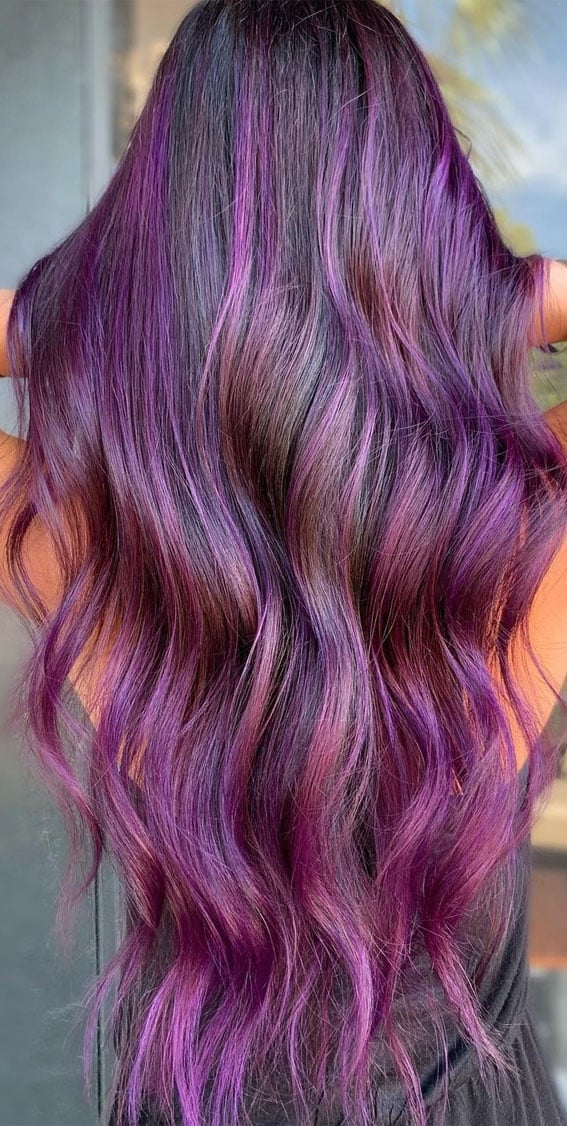 Mid-Back Dark Base With Purple and Pink Balayage — Purple Hair Dye Inspiration