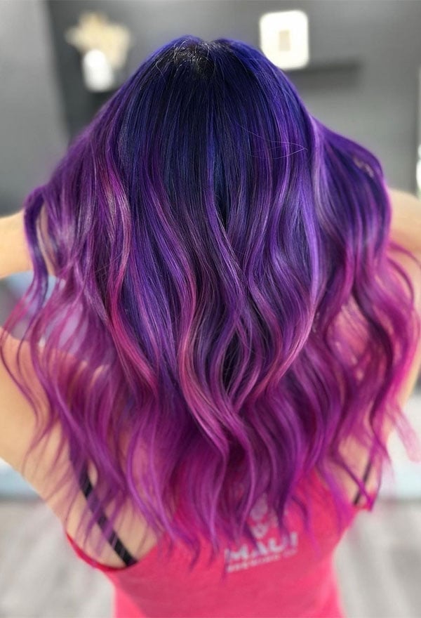 Mid-Back Purple to Pink Ombre With Dark Roots — Purple Hair Dye Inspiration