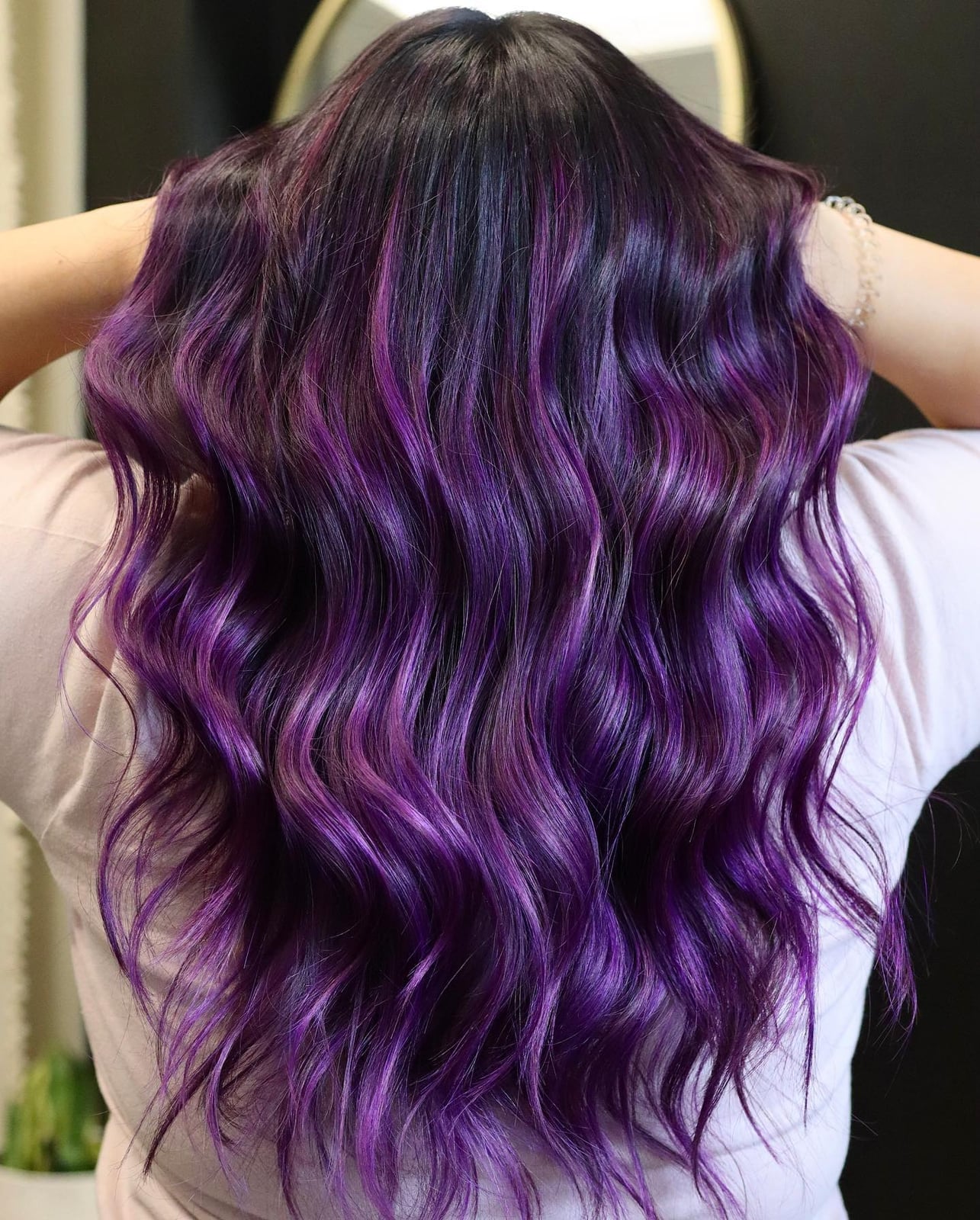 Mid-Back Dark Base With Vibrant Purple Balayage, Wavy Blowout — Purple Hair Dye Inspiration