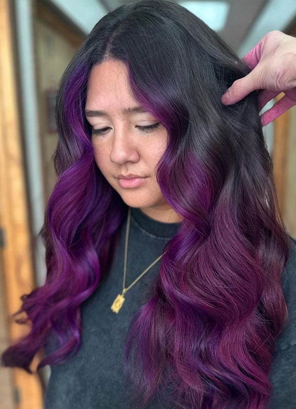 Mid-Back Balayage With Face-Framing Purple — Purple Hair Dye Inspiration