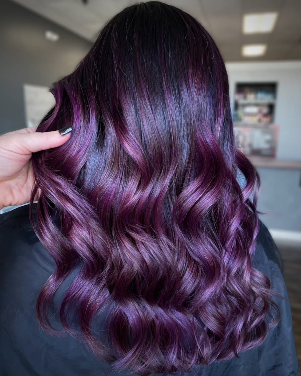 Mid-Back Deep Purple Highlights And Balayage — Purple Hair Dye Inspiration