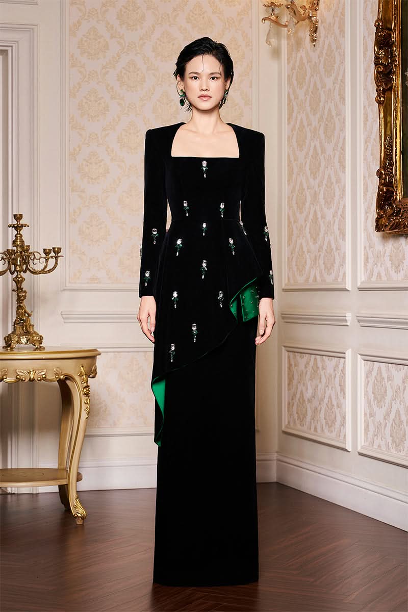 Black Queen Anne Neckline and Draped Waist Velvet Gown | I.H.F | Cult Mia – CULT MIA