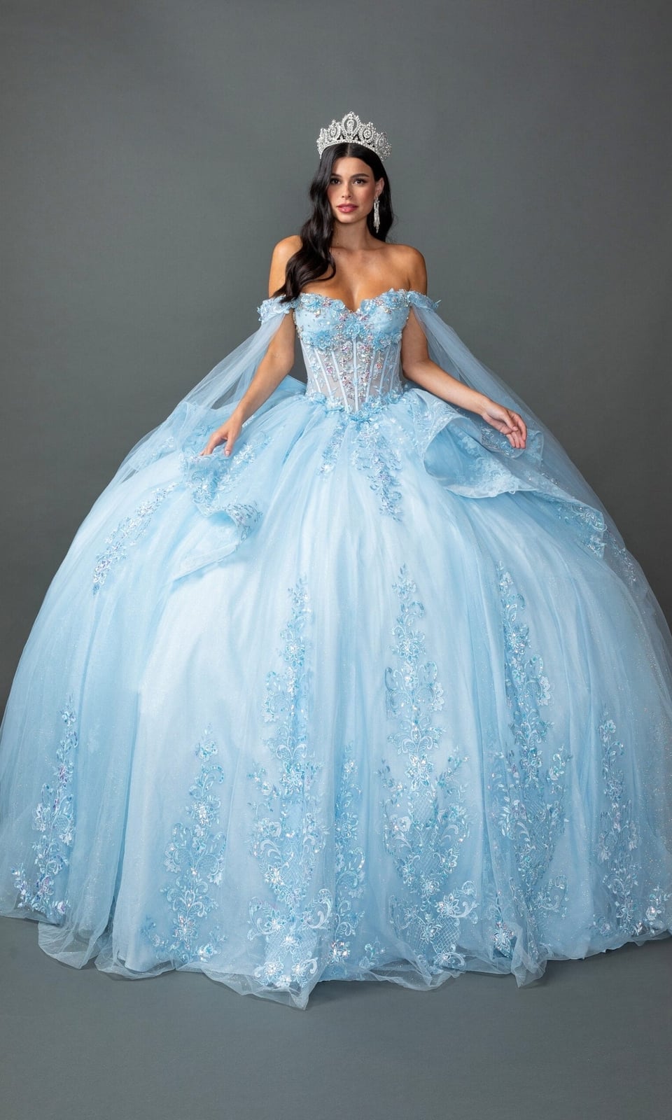 Light Blue Tulle Ballgown with Floral Appliques Light Blue Tulle Ballgown with Floral Appliques — Queen Dress Designs