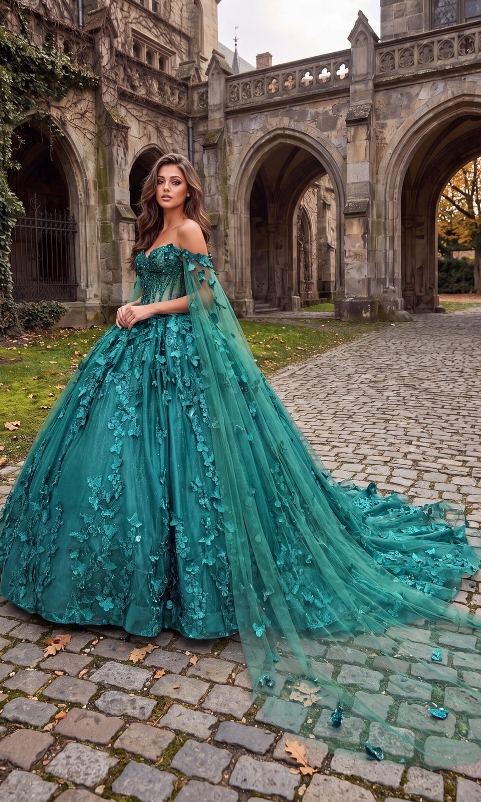 Teal Off-Shoulder Ballgown with Cape Sleeves Teal Off-Shoulder Ballgown with Cape Sleeves — Queen Dress Designs