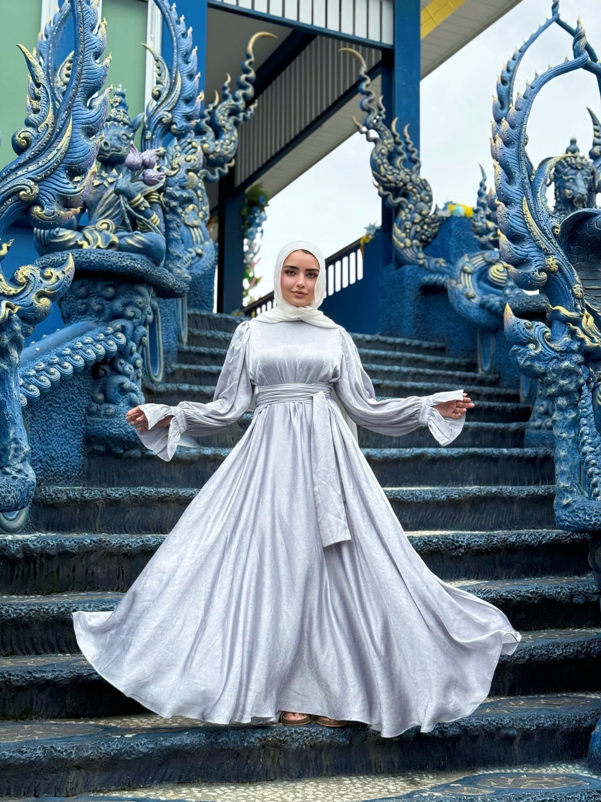 Silver Satin Flowing Dress with Bell Sleeves Silver Satin Flowing Dress with Bell Sleeves — Queen Dress Designs