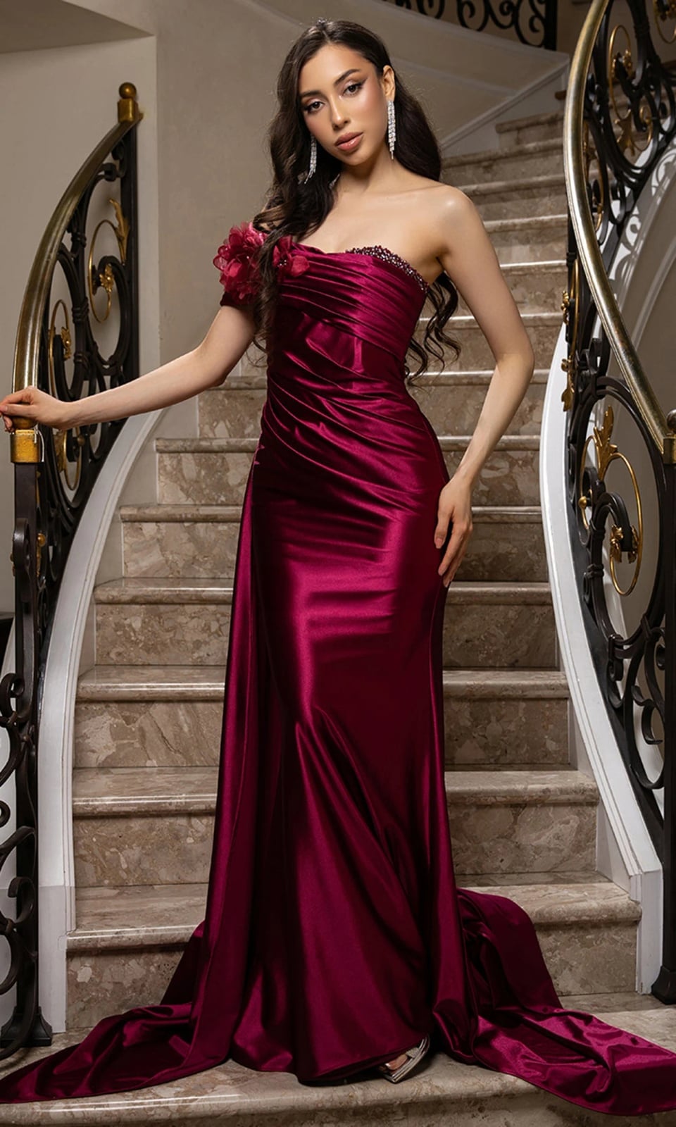 Deep Red Satin Strapless Gown with Applique Deep Red Satin Strapless Gown with Applique — Queen Dress Designs
