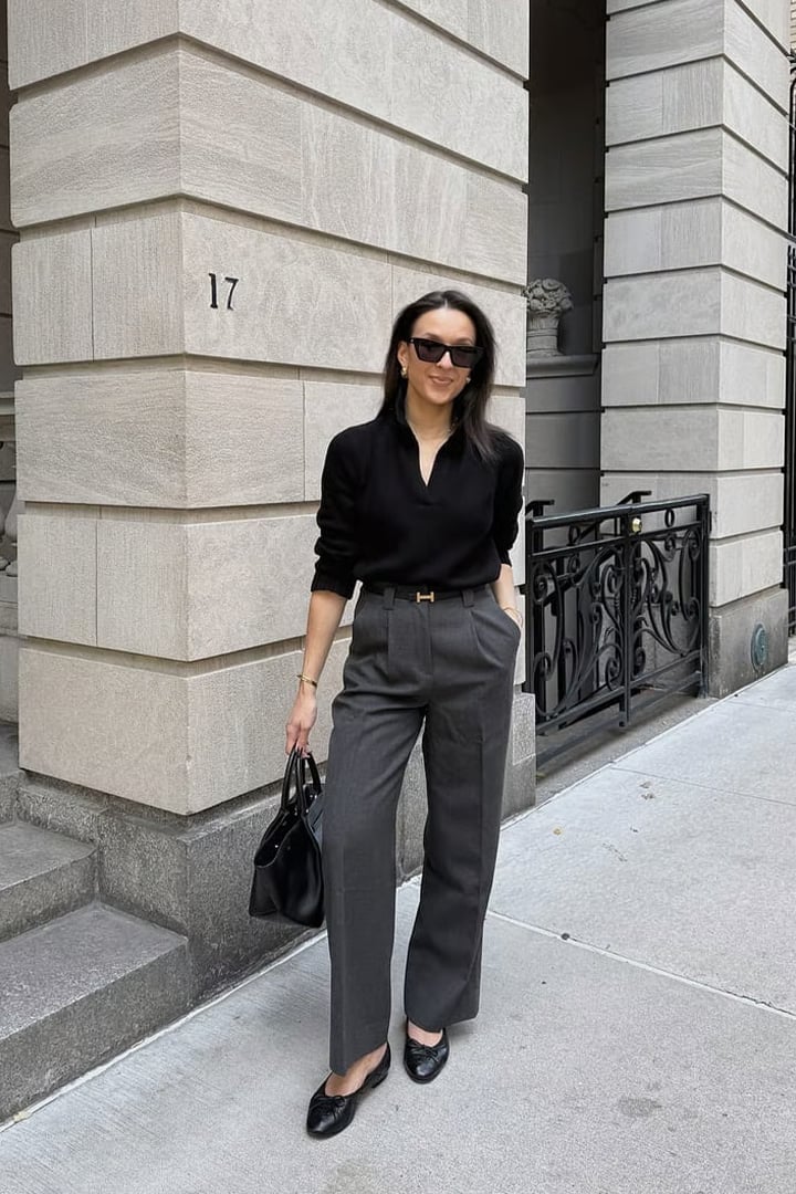 Gray wide-leg trousers and black sweater with gold belt Gray wide-leg trousers and black sweater with gold belt — Restaurant Outfit