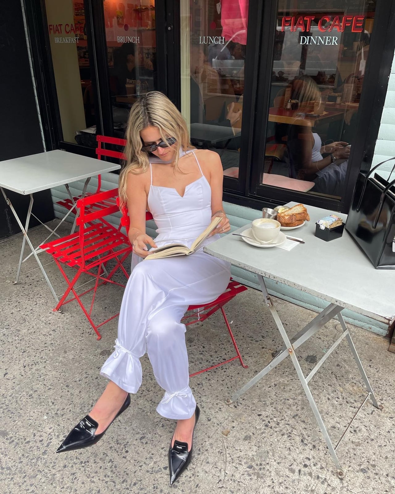 White slip dress with ruffled hem for cafe lunch White slip dress with ruffled hem for cafe lunch — Restaurant Outfit