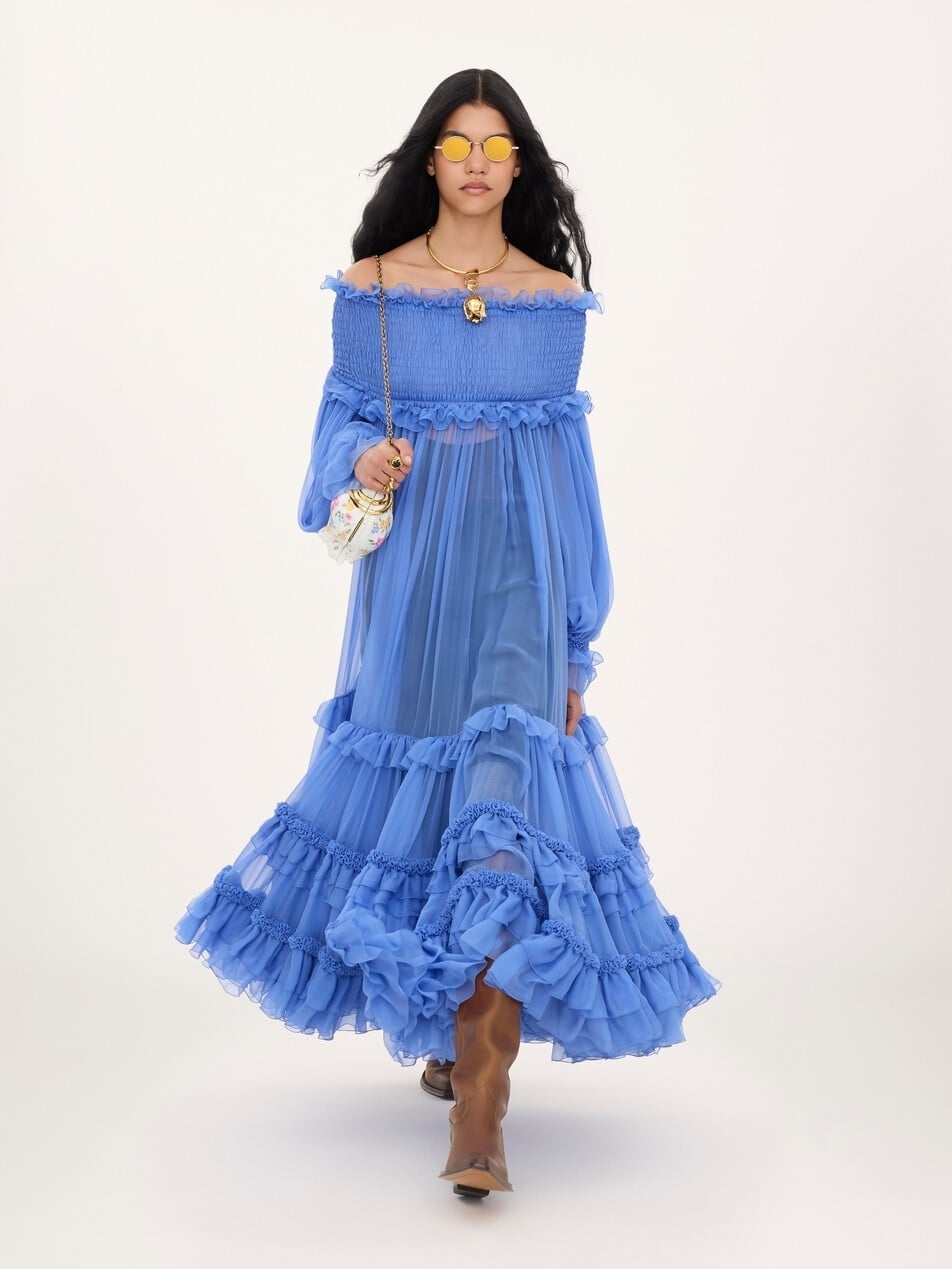 Bohemian blue chiffon maxi dress with off-shoulder ruffles — Ruffle Dresses