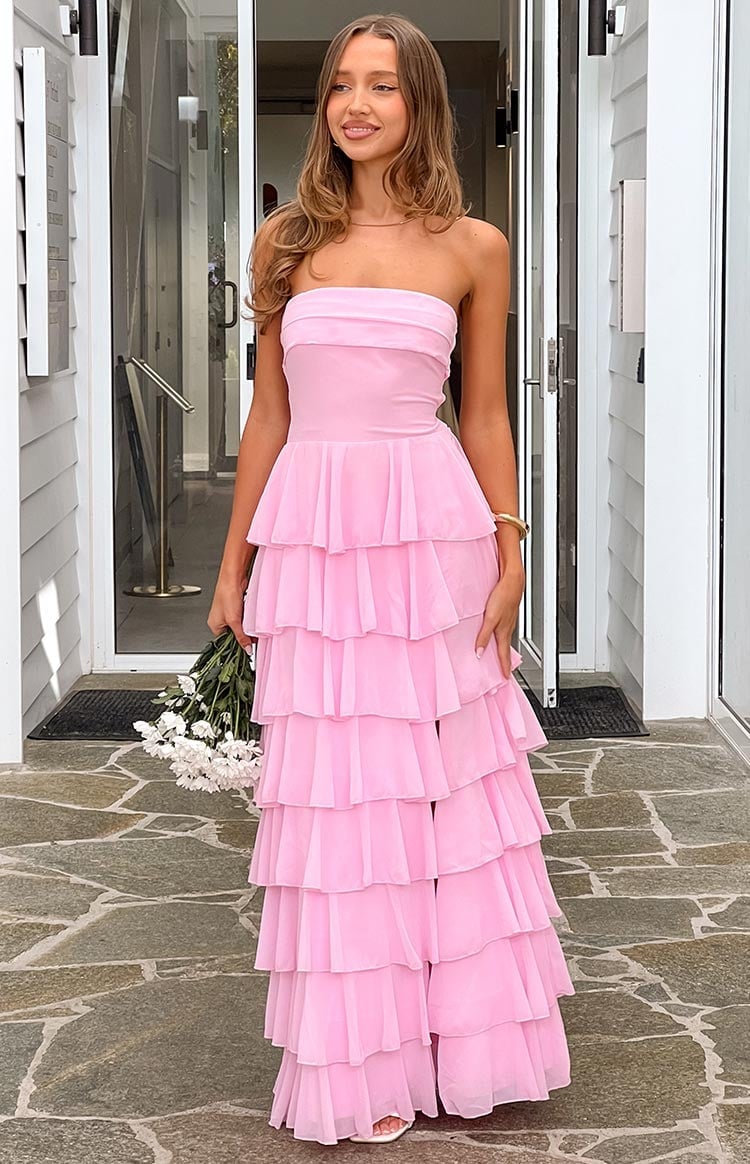 Pink strapless maxi dress with tiered ruffle skirt — Ruffle Dresses