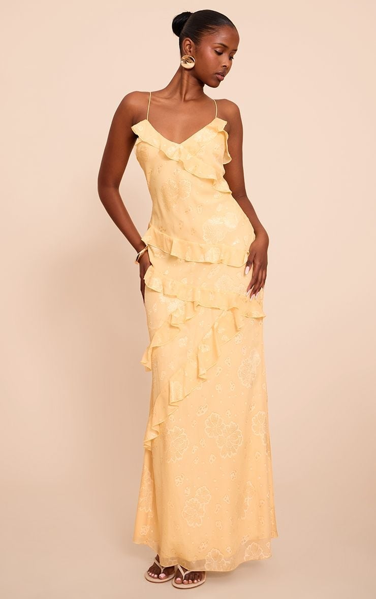 Yellow sleeveless maxi dress with cascading ruffles — Ruffle Dresses