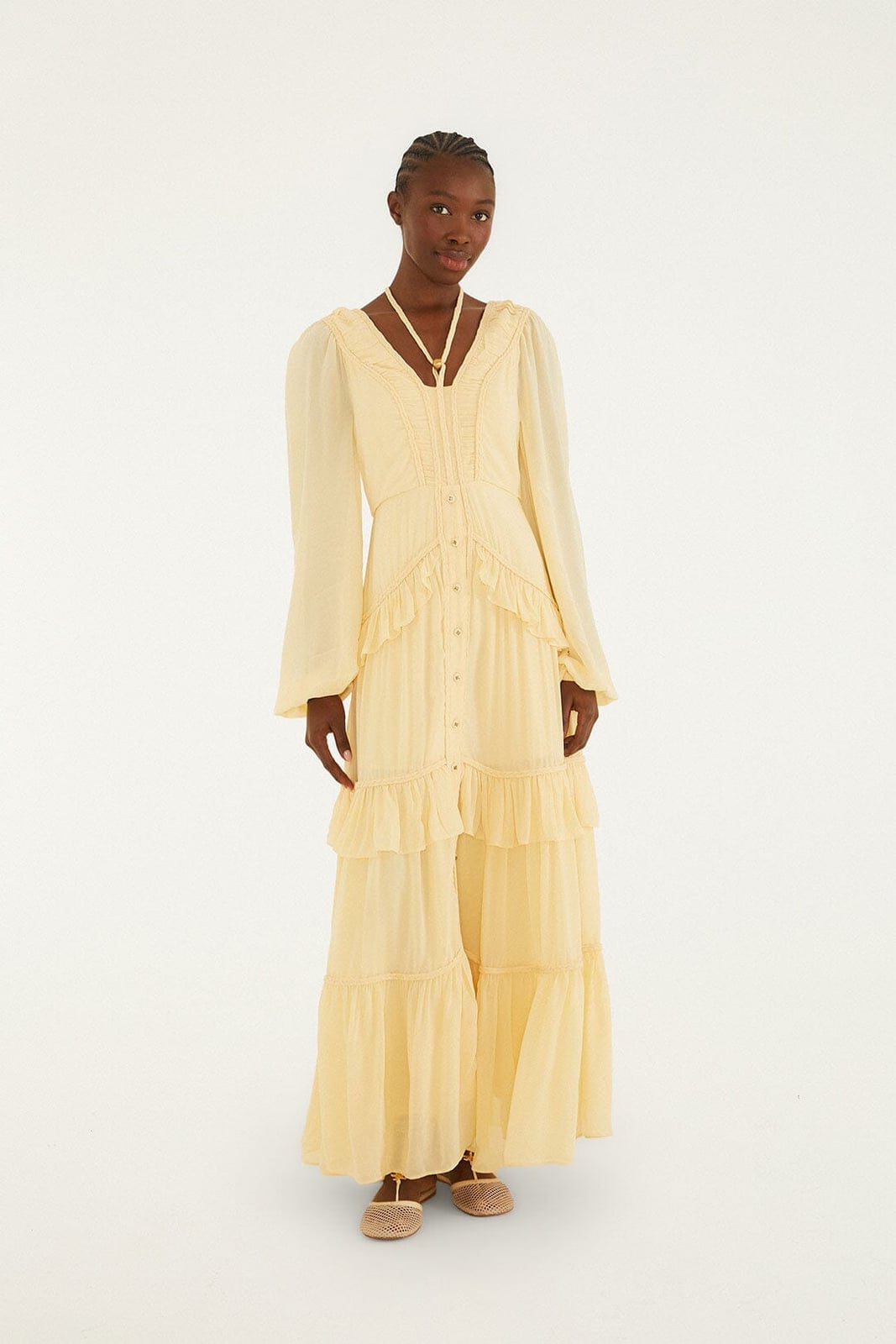 Pale yellow tiered ruffle maxi dress with lace trim — Ruffle Dresses