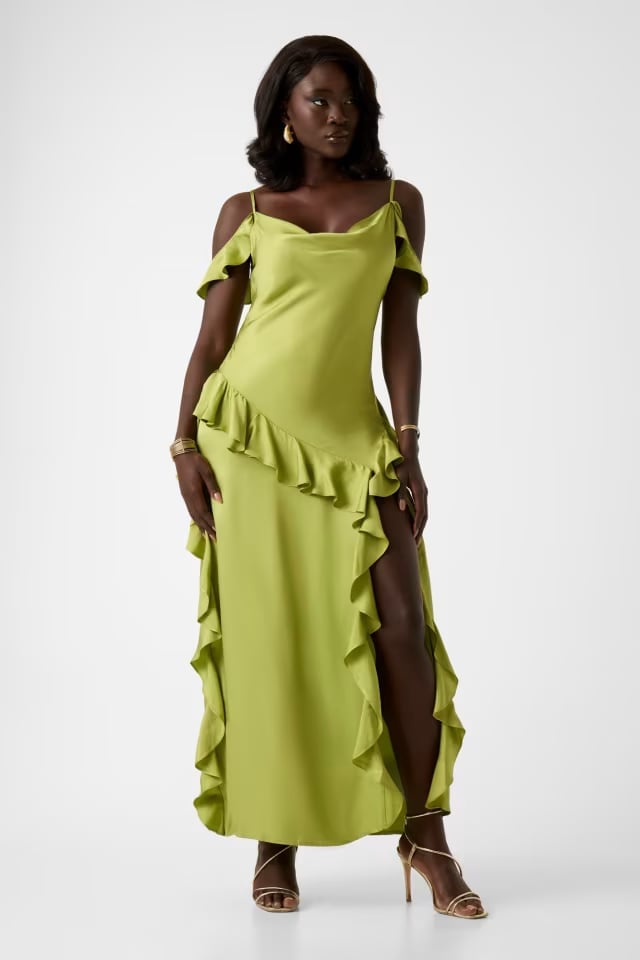Lime green satin maxi dress with ruffled high slit — Ruffle Dresses