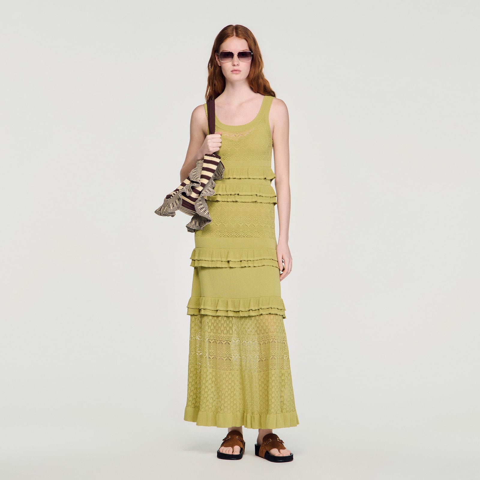 Lime green knit maxi dress with tiered ruffled skirt — Ruffle Dresses