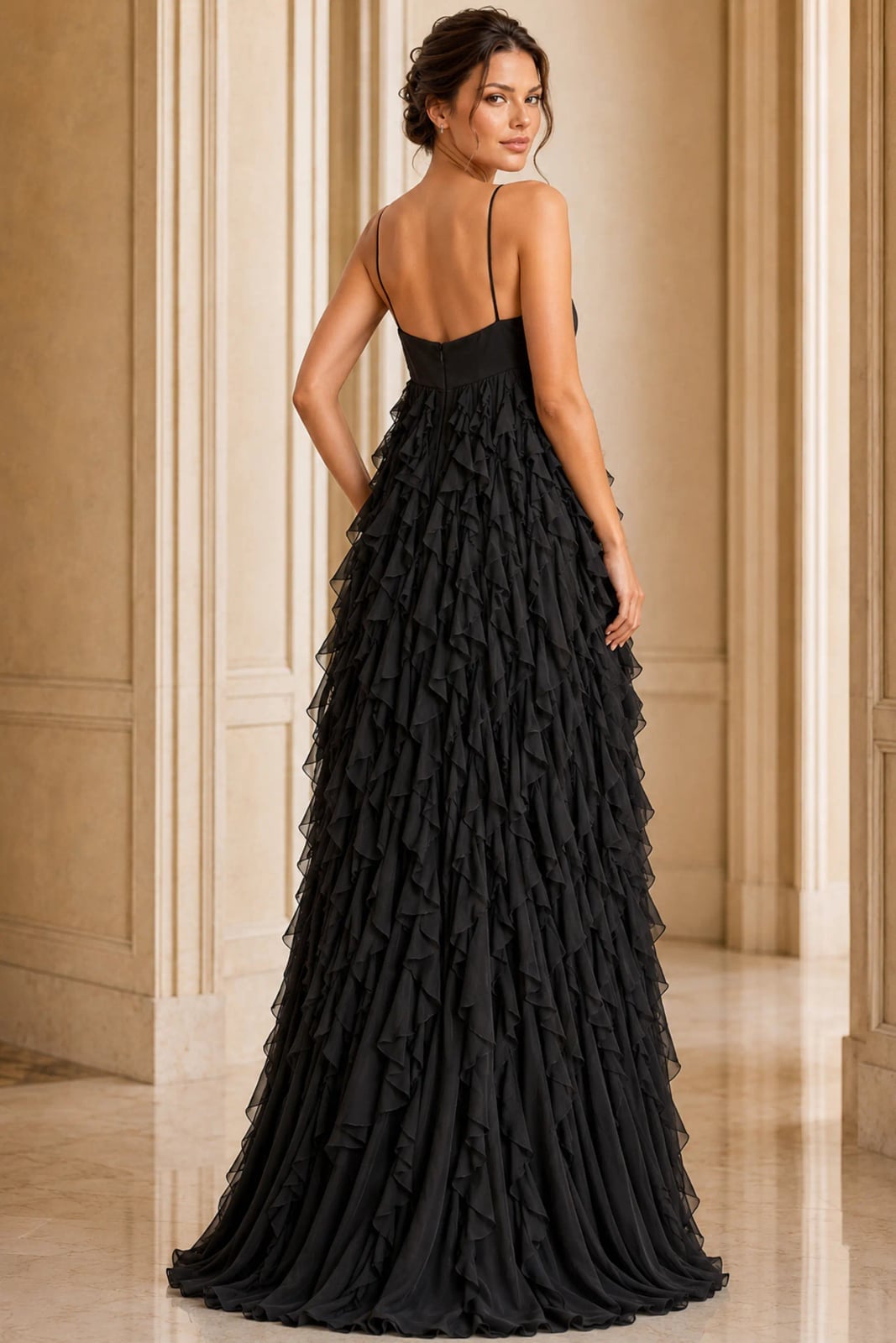 Elegant black sheer ruffle gown with cascading layers — Ruffle Dresses