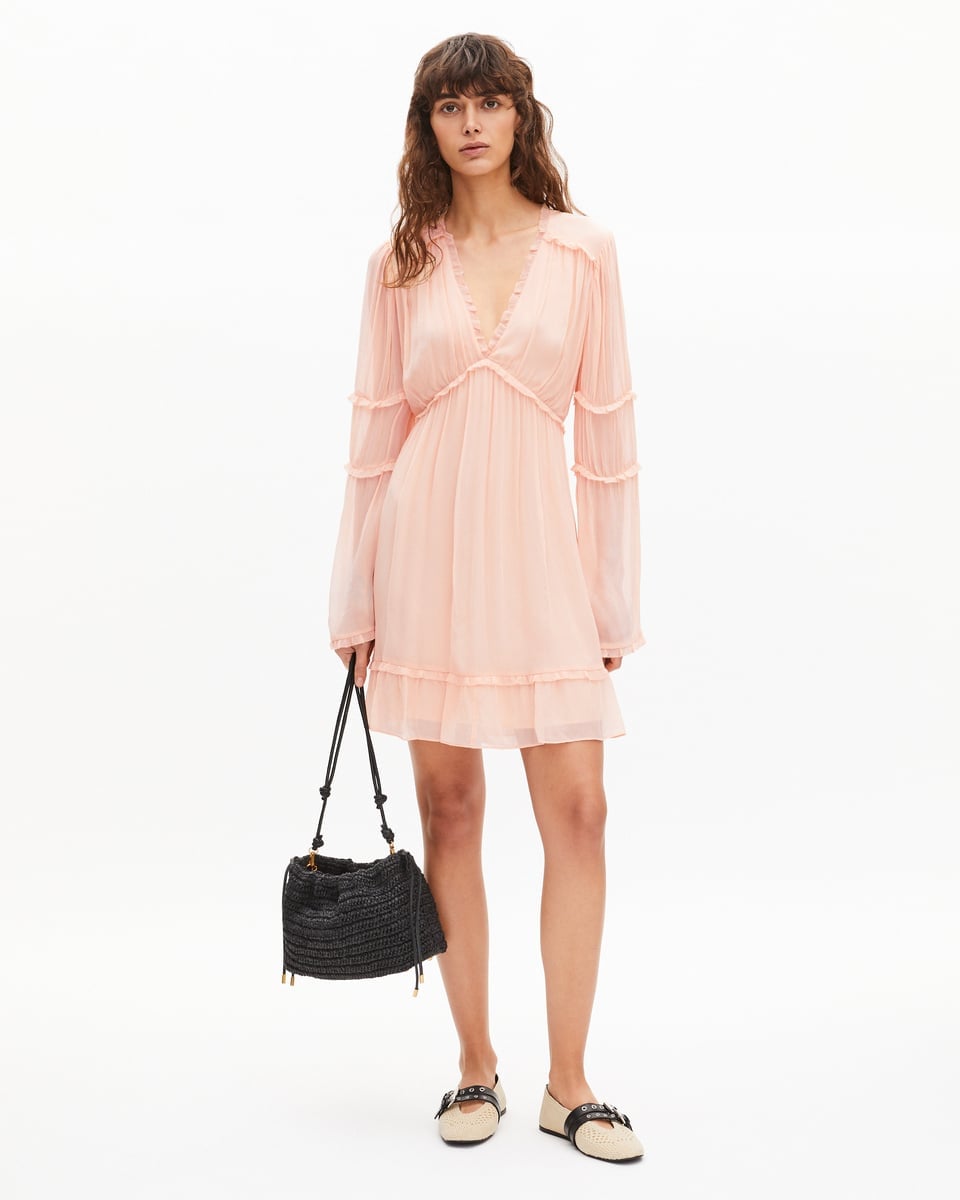 Peach sheer mini dress with ruffled sleeves and hem — Ruffle Dresses