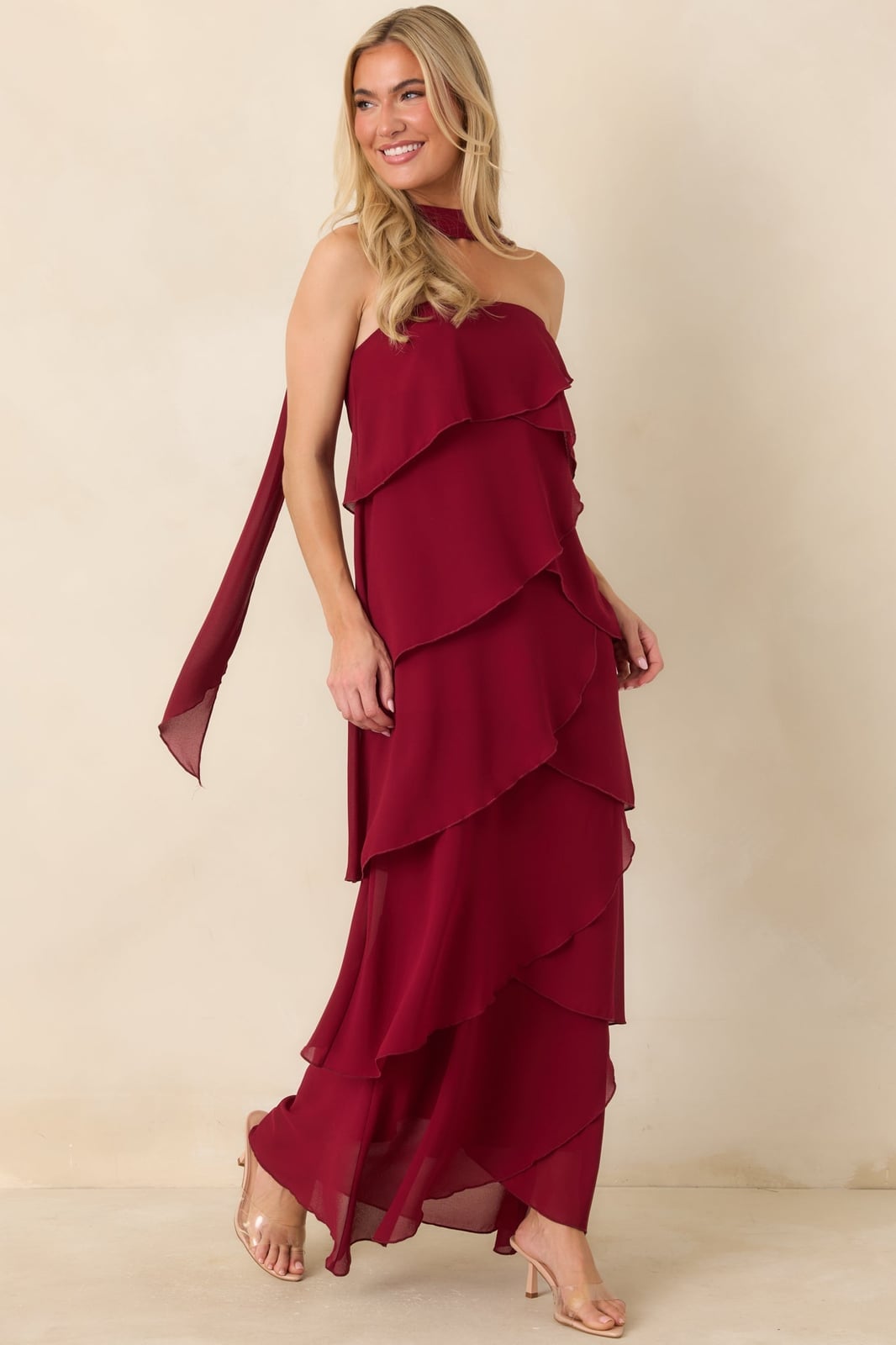 Deep red layered ruffle halter maxi dress — Ruffle Dresses