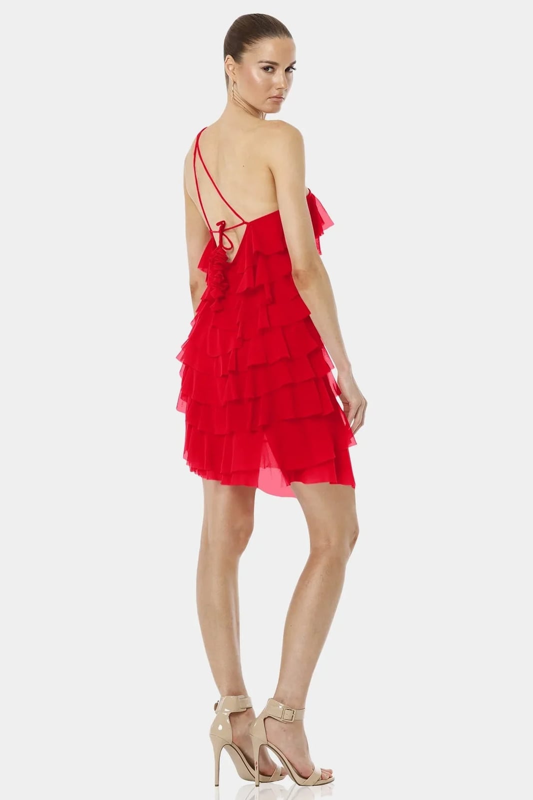 Red one-shoulder tiered ruffle mini dress — Ruffle Dresses