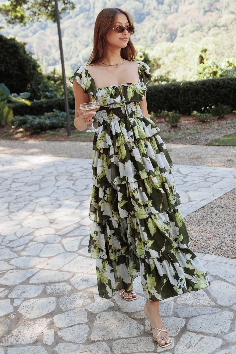 Green floral print tiered ruffle maxi dress — Ruffle Dresses