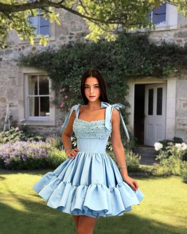 Light blue satin mini dress with bow straps and ruffles — Ruffle Dresses
