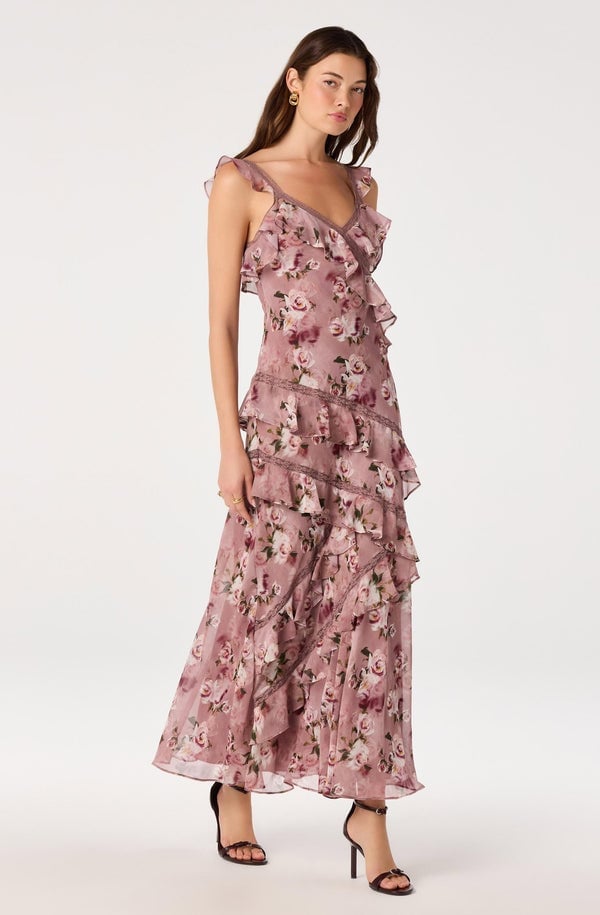 Pink floral chiffon maxi dress with ruffled tiers — Ruffle Dresses