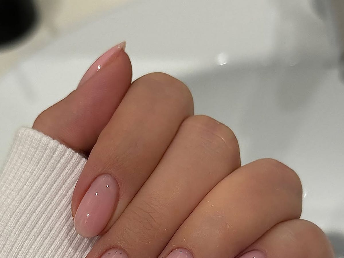 Milky Pink Short Almond Nails with Rhinestones — Russian Manicure Inspiration