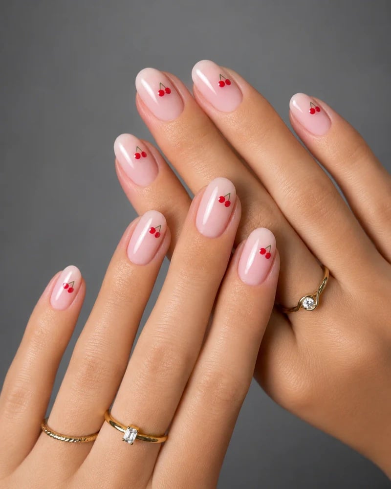 Sheer Pink Short Oval Nails with Cherry Art — Russian Manicure Inspiration