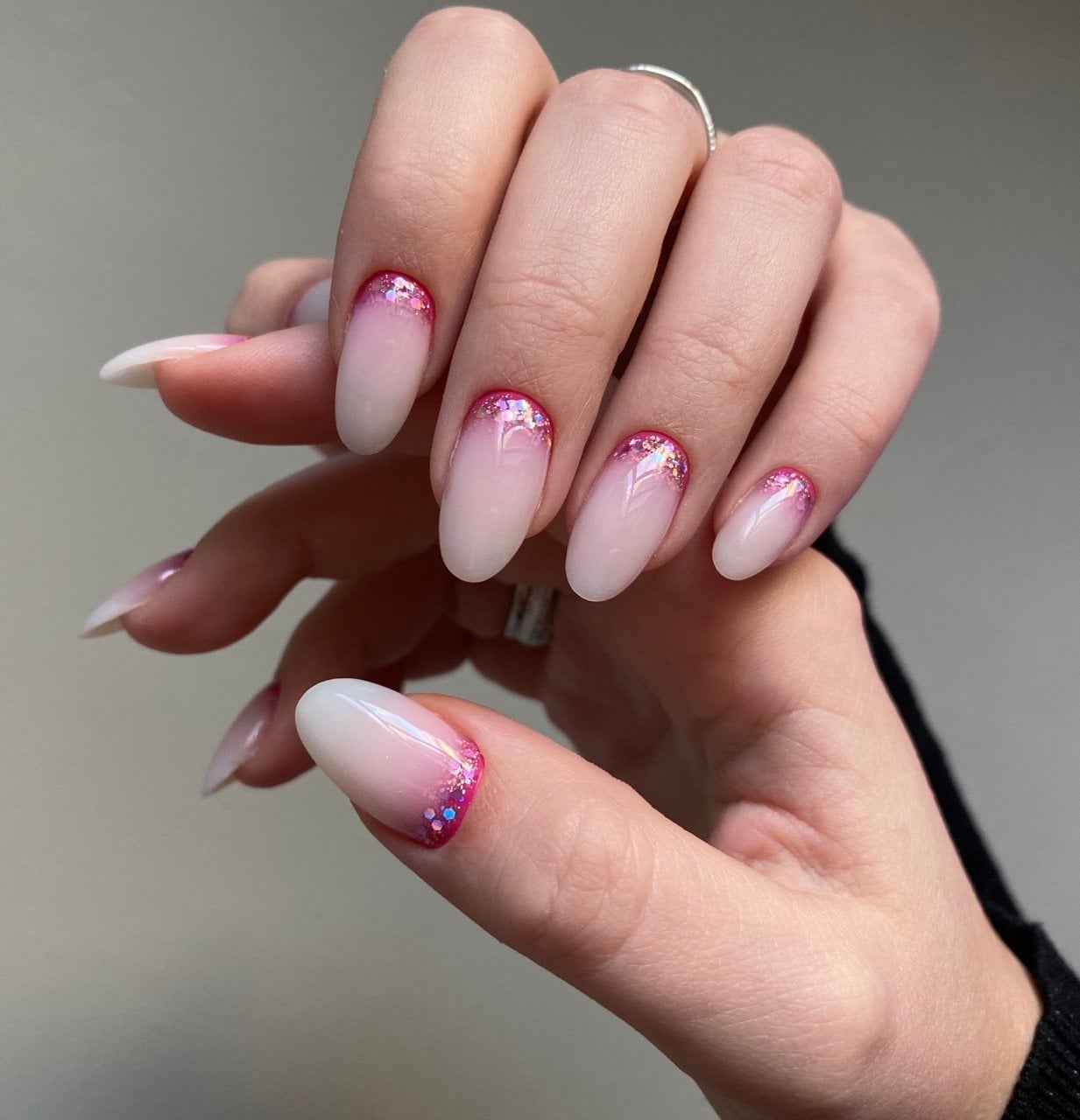 Medium Oval Glitter Cuticle Gradient Nails — Russian Manicure Inspiration