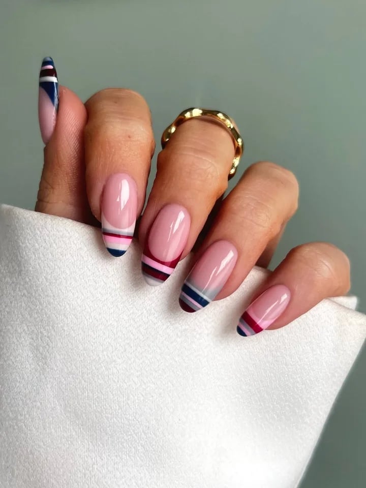 Striped French Tip Medium Almond Nails — Russian Manicure Inspiration