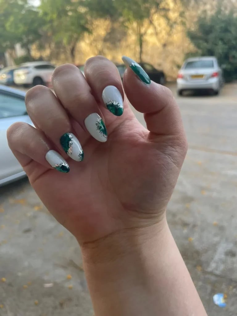 White Green French Tip Medium Almond Nails — Russian Manicure Inspiration
