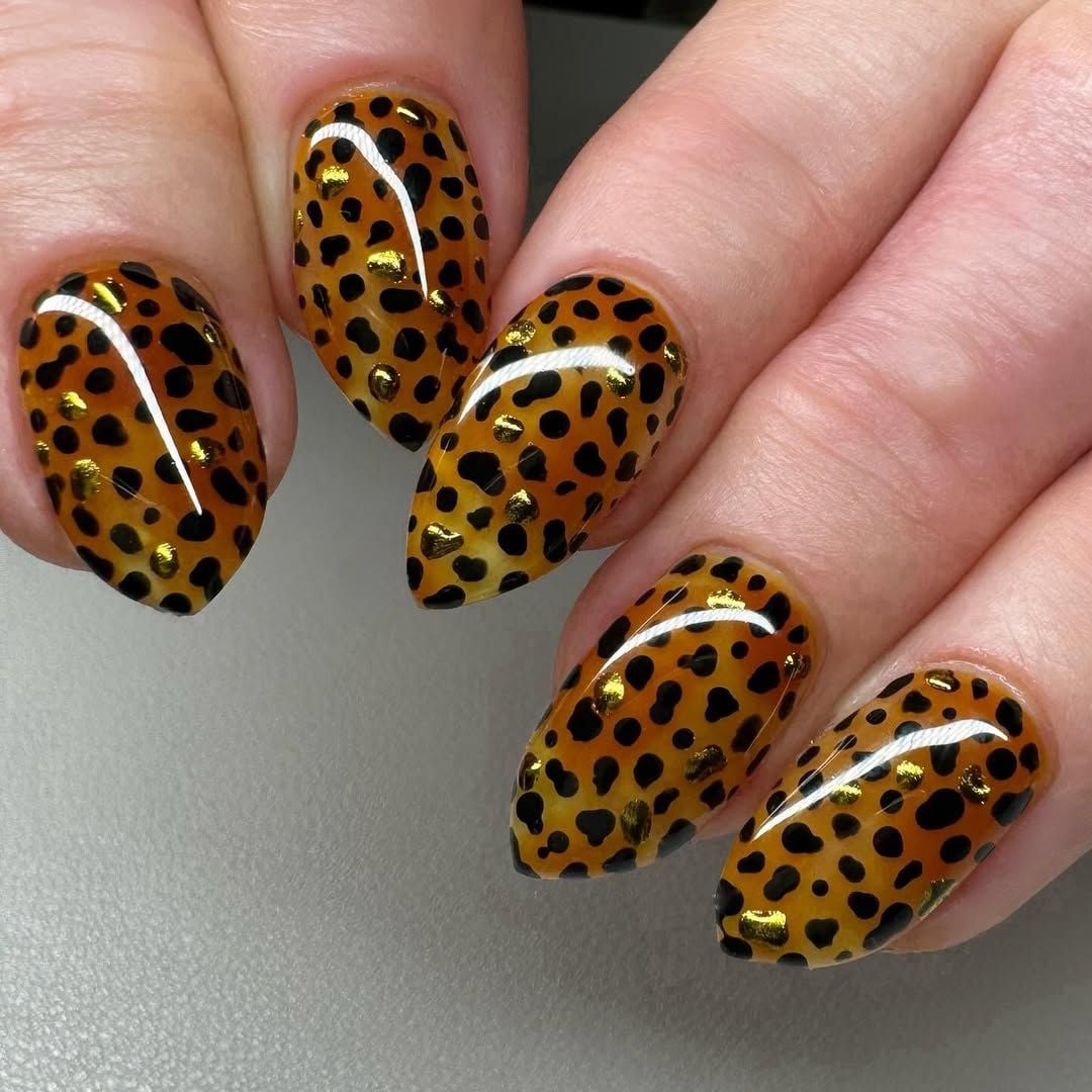 Orange Leopard Print Jelly Almond Nails — Russian Manicure Inspiration