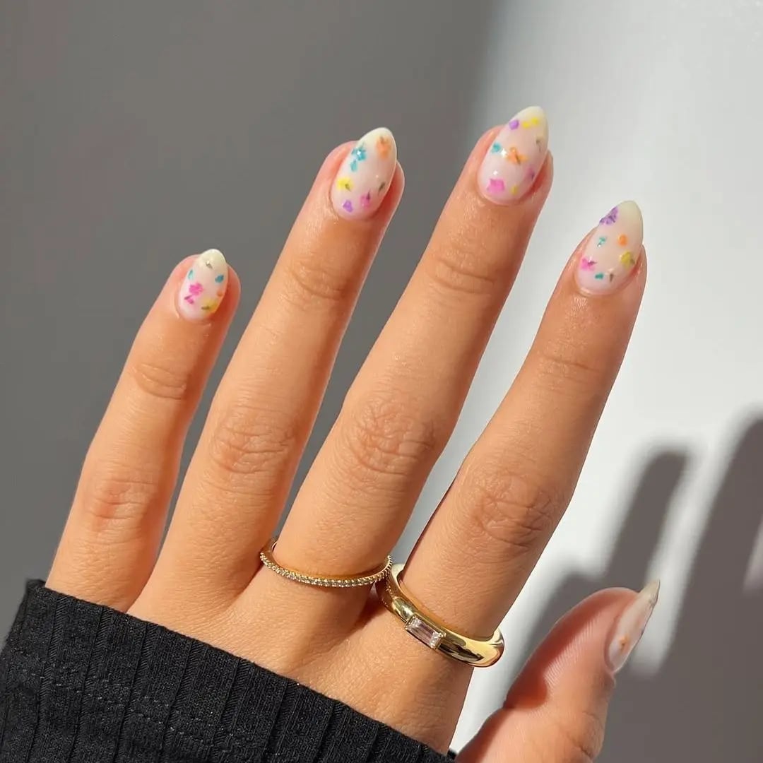 Milky White Almond Nails with Floral Confetti — Russian Manicure Inspiration