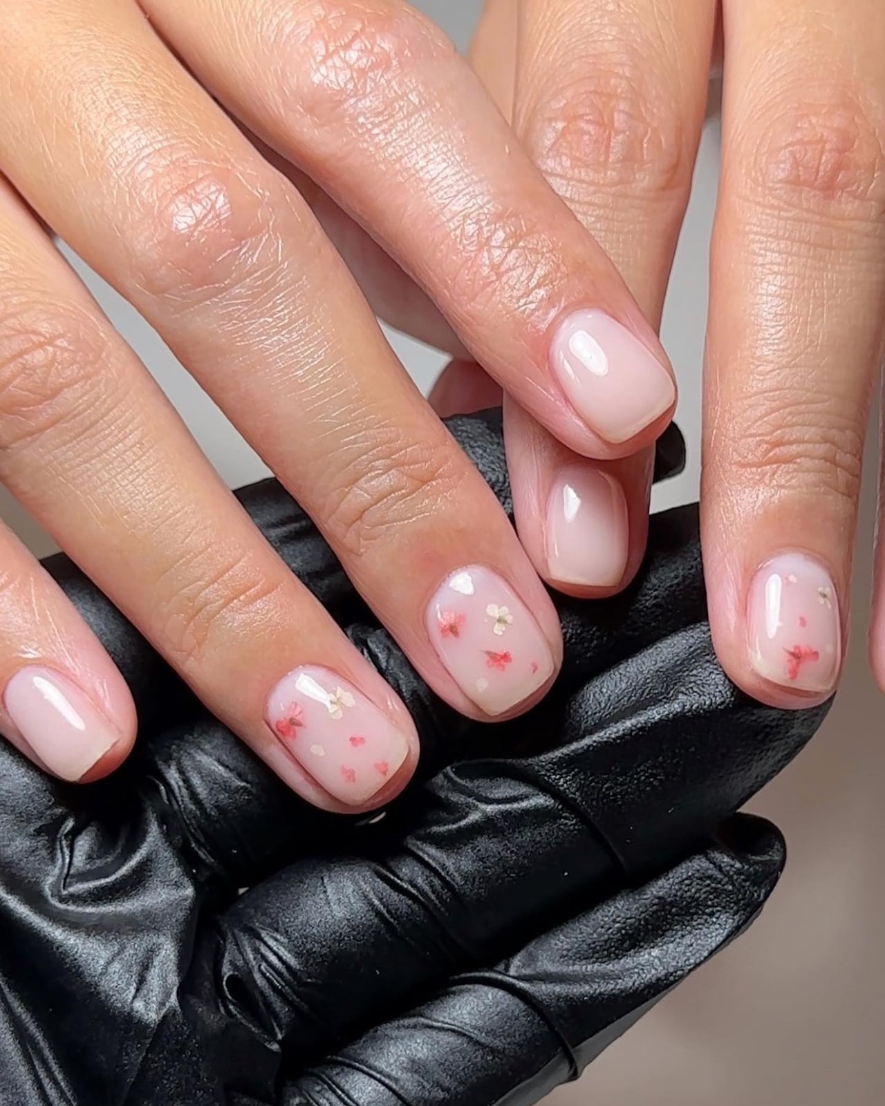 Nude Almond Nails with Dried Flower Accents — Russian Manicure Inspiration