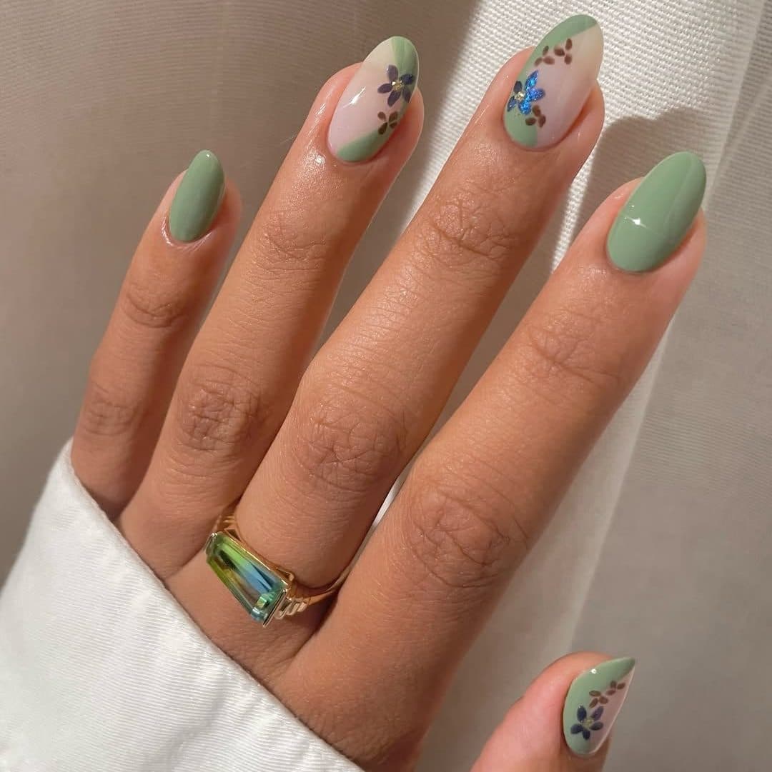 Sage Green and Floral Motif Medium Almond Nails — Russian Manicure Inspiration