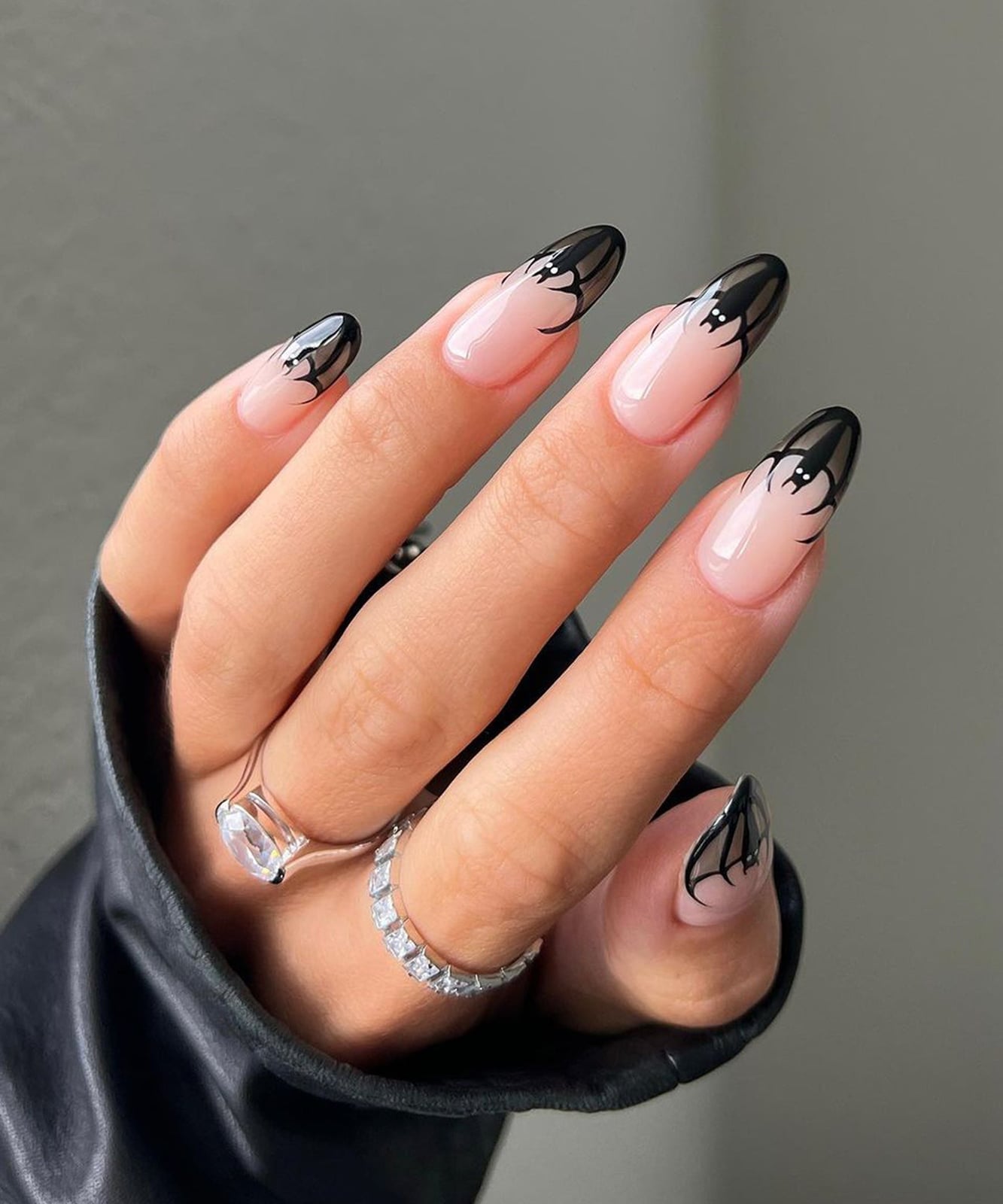 Sheer Nude Medium Almond Bat Motif Nails — Russian Manicure Inspiration