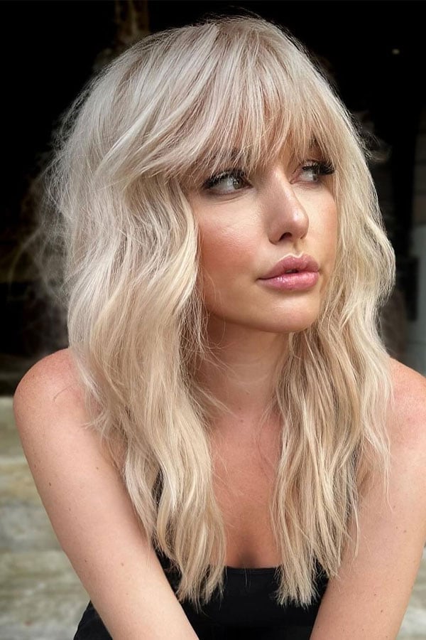 Platinum Blonde Shag With Curtain Bangs, Collarbone — Shag Hairstyles