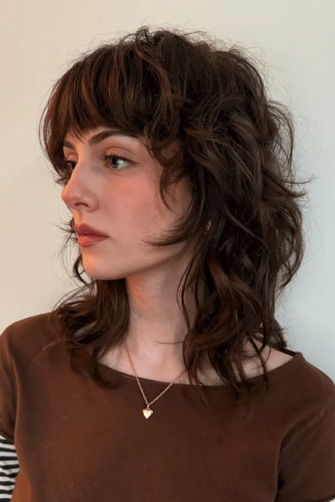 Dark Brown Curly Shag With Choppy Bangs — Shag Hairstyles
