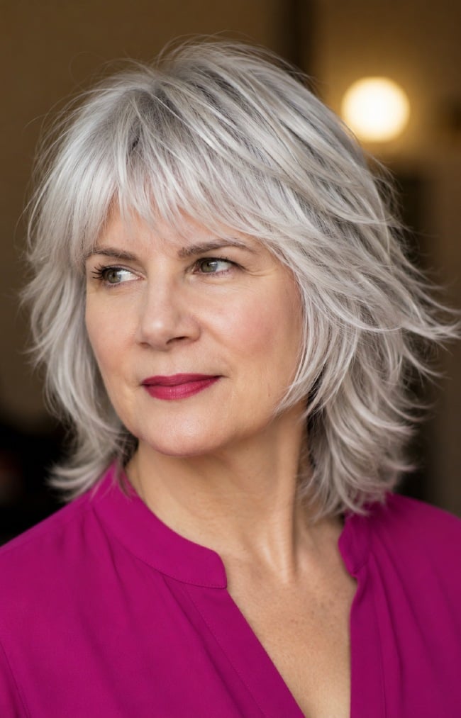 Silver White Shag With Feathered Ends — Shag Hairstyles