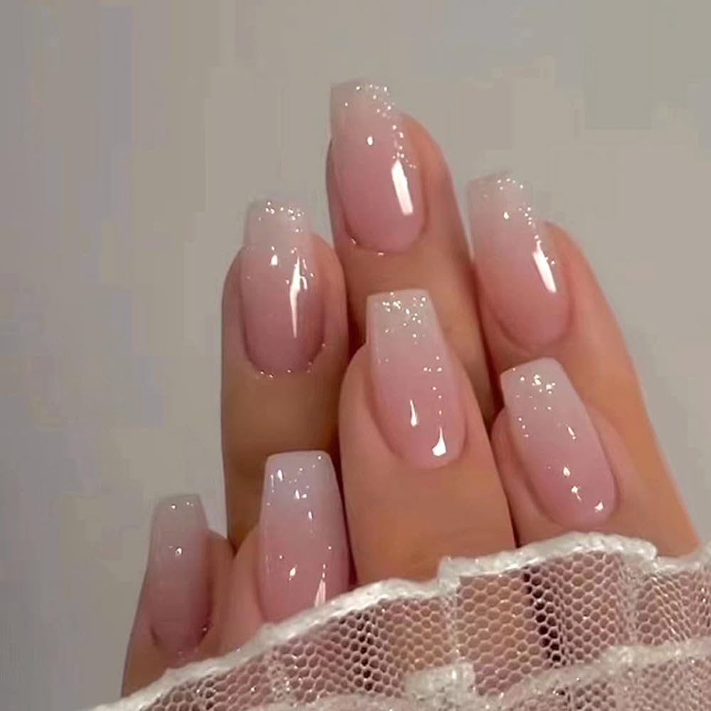 Short Coffin Ombre With Fine Glitter — Short Coffin Nails