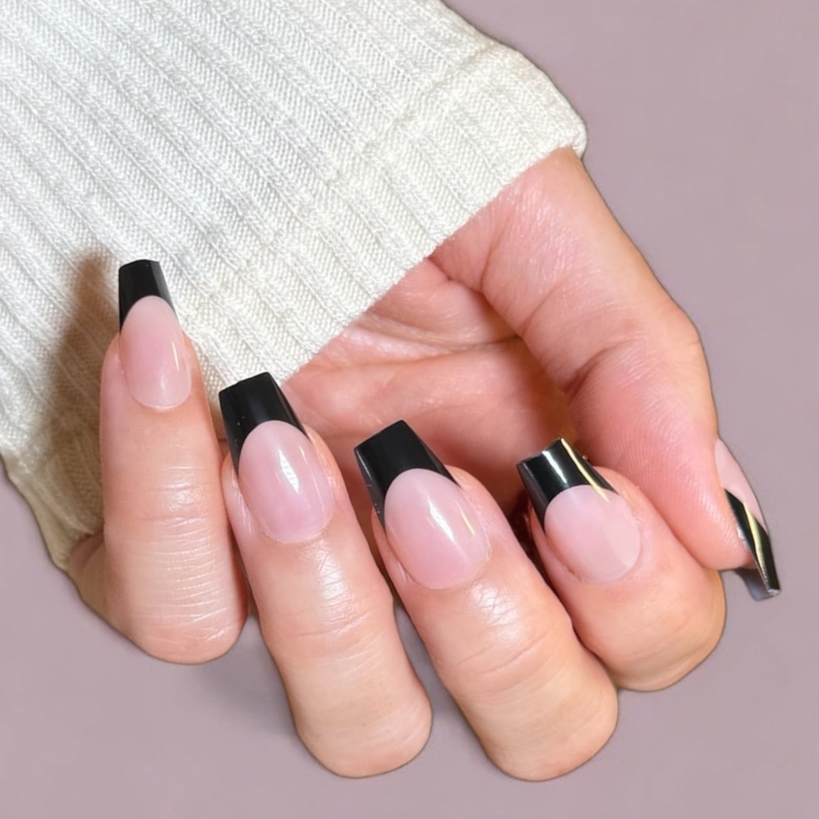 Sheer Pink Black French Tip Coffin — Short Coffin Nails