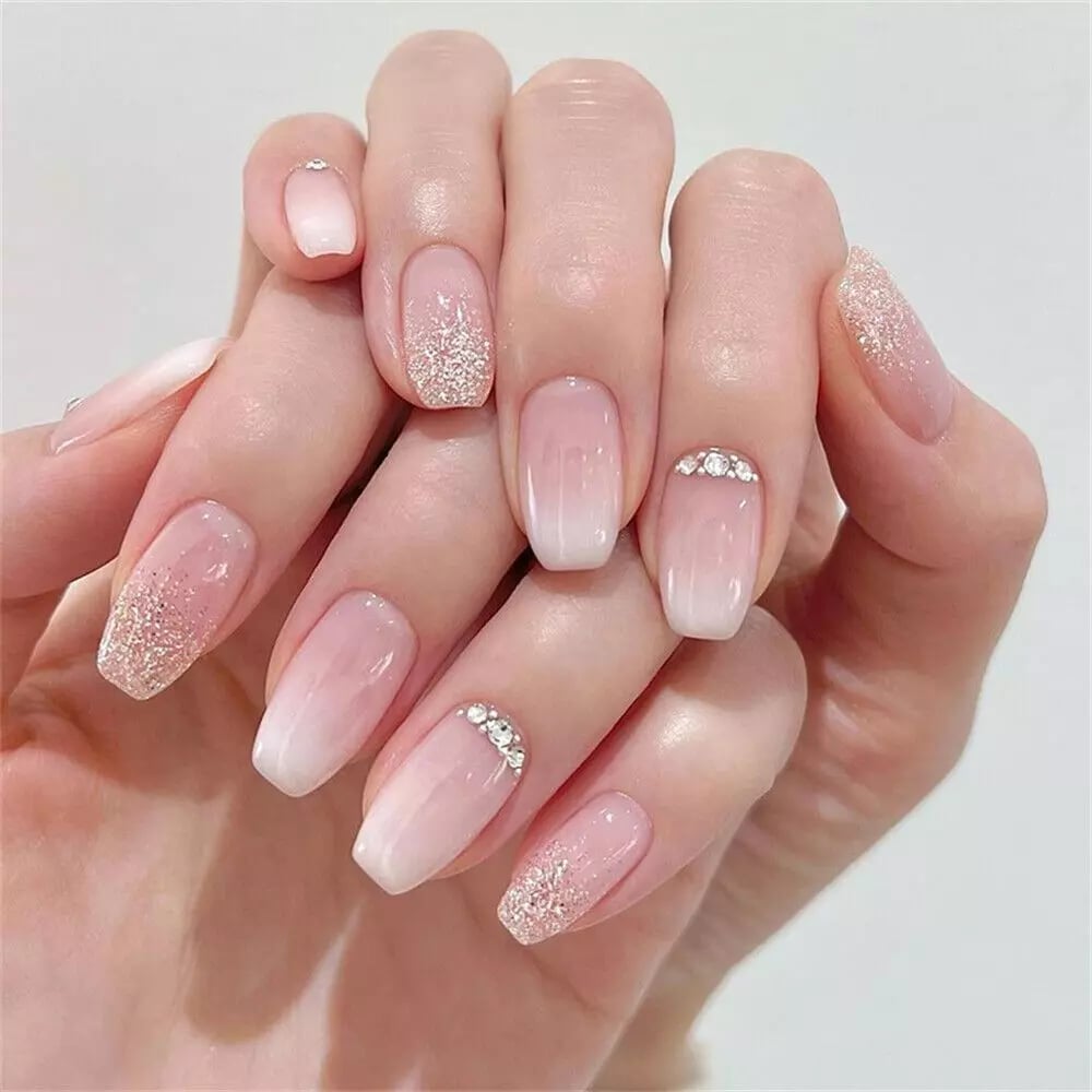 Pink Ombre With Rhinestone Accents — Short Coffin Nails