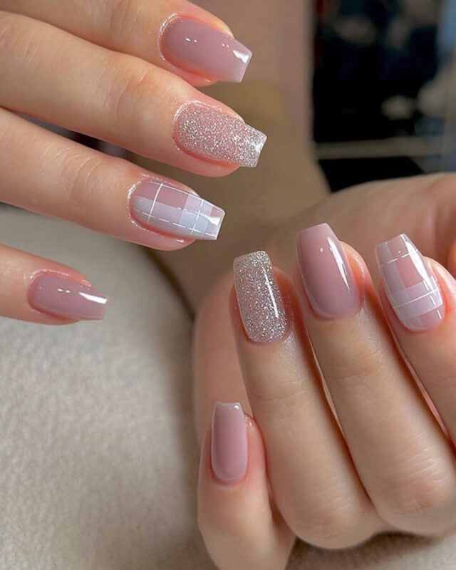 Soft Pink White Ombre With Glitter — Short Coffin Nails