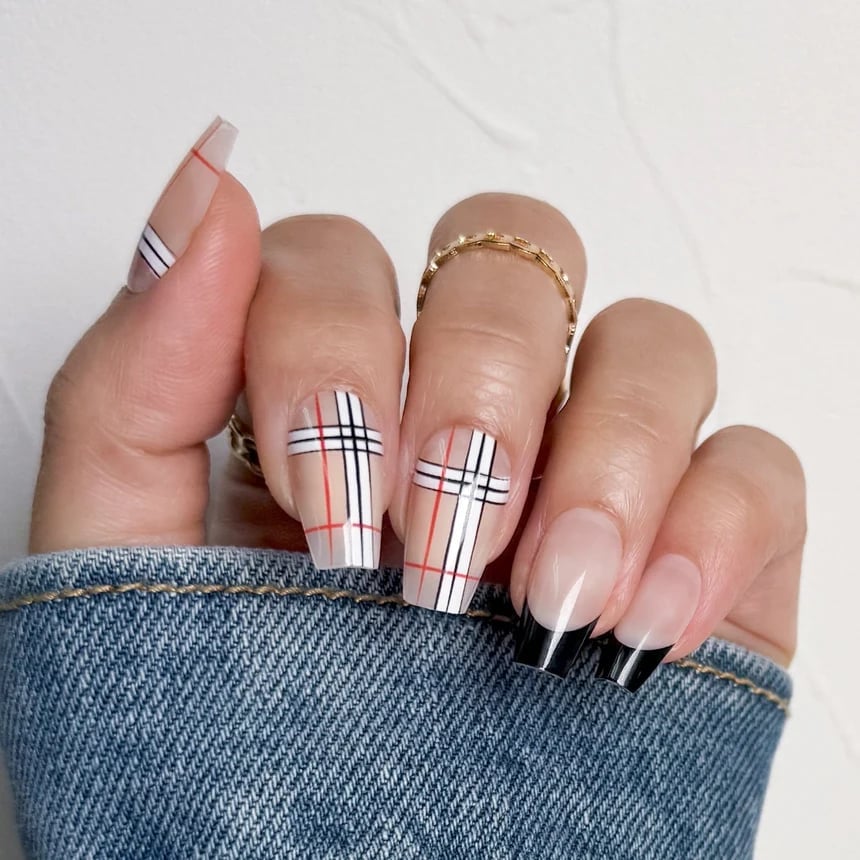 Nude Plaid And Black French Tip, Glossy — Short Coffin Nails