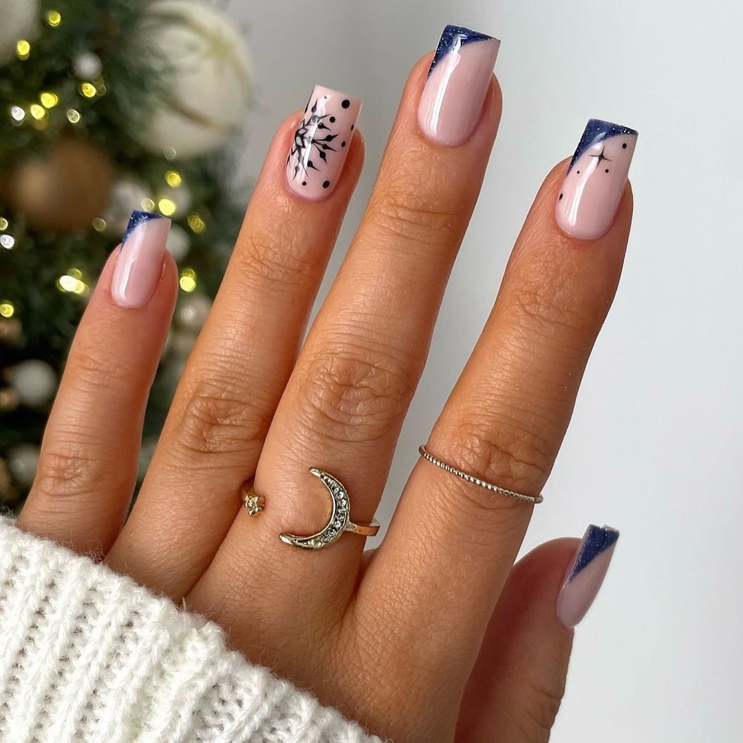 Sheer Pink Navy Geometric French Tip — Short Coffin Nails