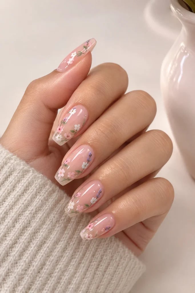 Sheer Pink Pastel Floral French — Short Coffin Nails
