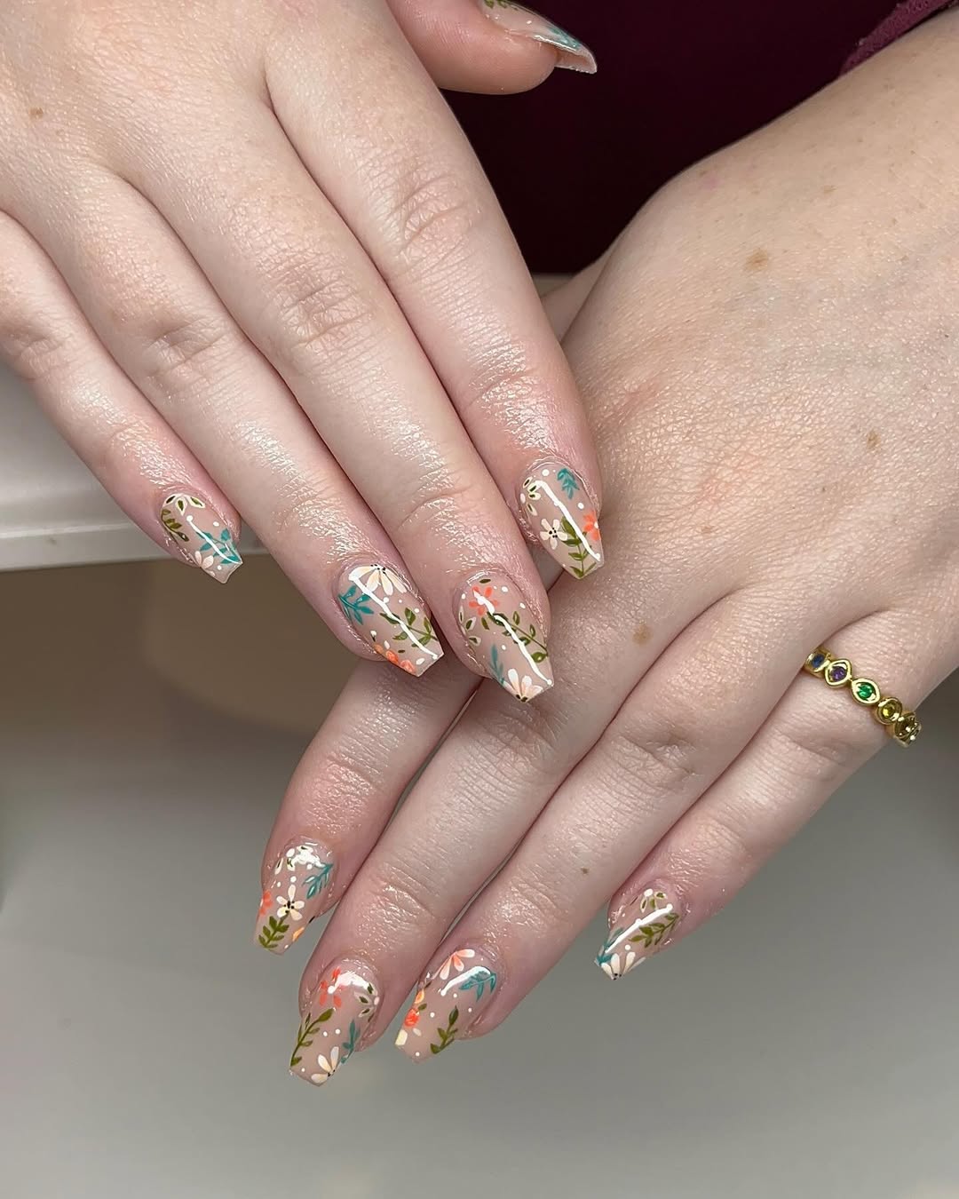Nude Floral Print Short Coffin — Short Coffin Nails