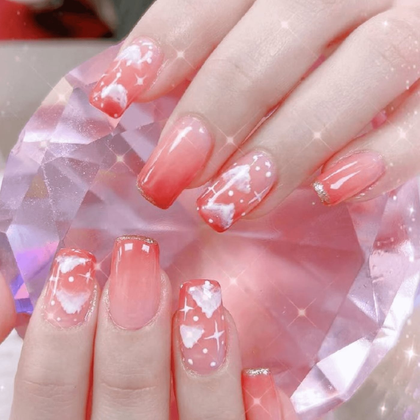 Coral Pink Gradient Cloud Star Nails — Short Coffin Nails