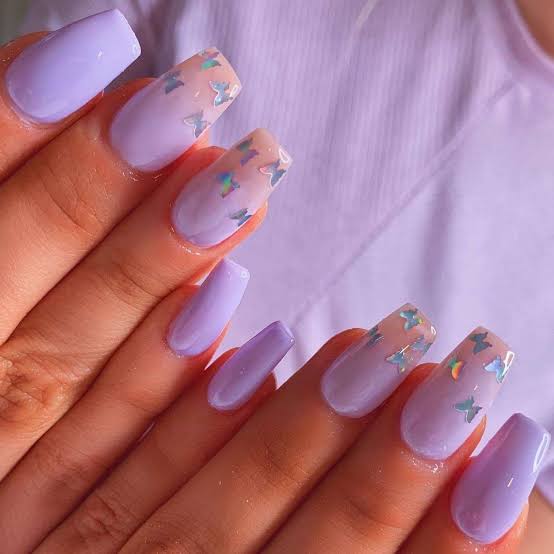Lavender Gradient Holographic Butterflies — Short Coffin Nails