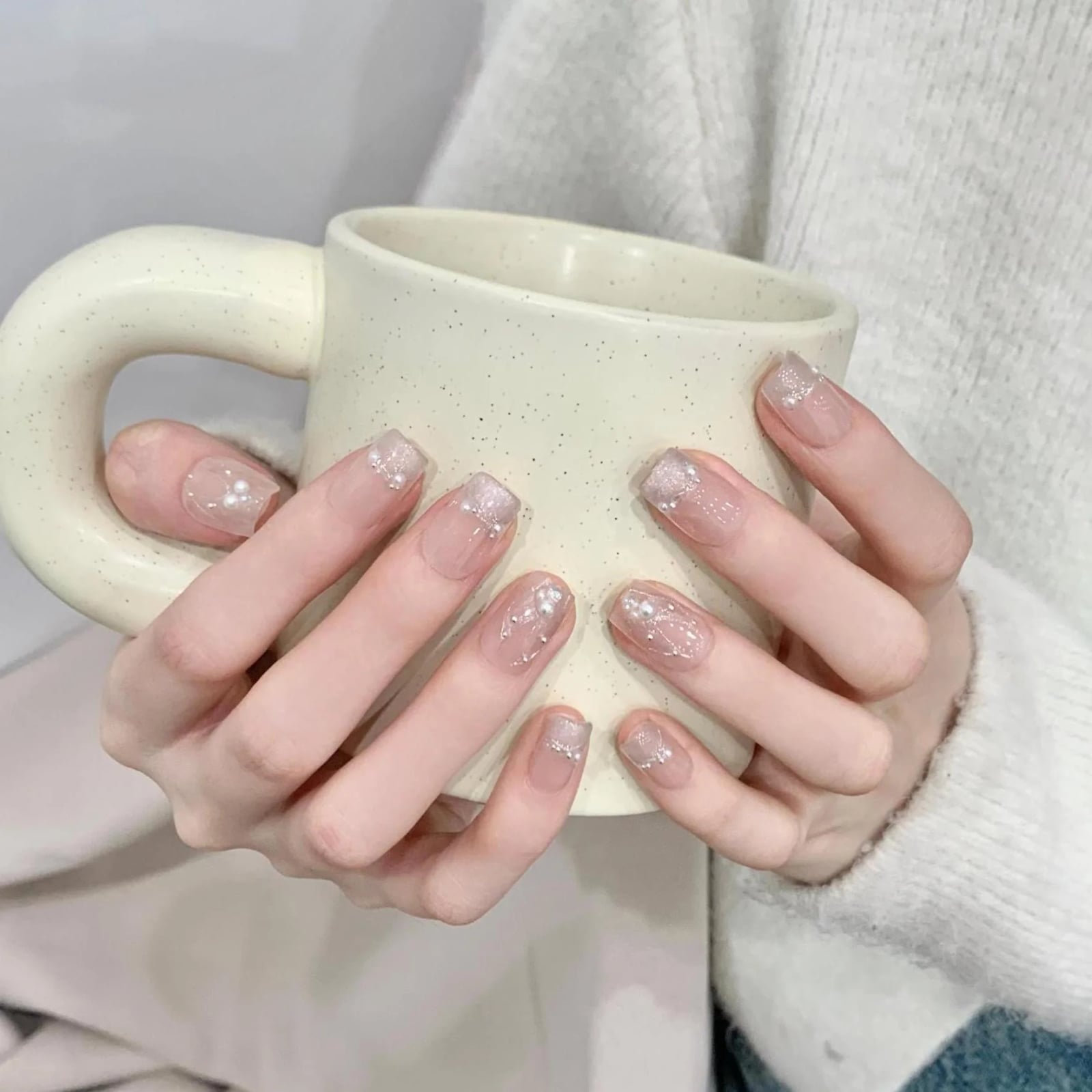 Sheer Glitter Pearl Short Coffin — Short Coffin Nails